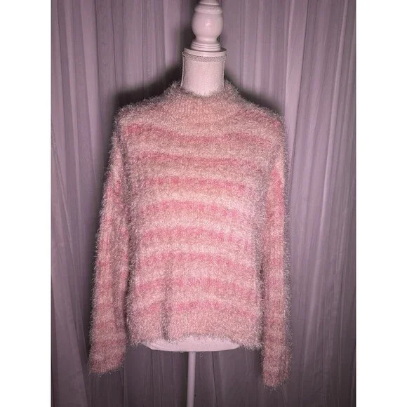 Candie's XL Sweater Pink Striped Ribbed Eyelash Fuzzy Soft Coquette Cottage - Picture 2 of 4